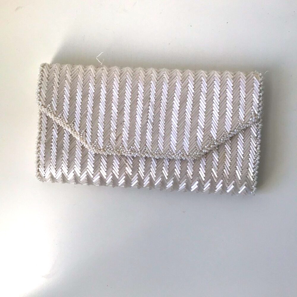 VTG Ivory Beaded Satin Clutch Wallet Purse 20s Flapper Costume Wedding